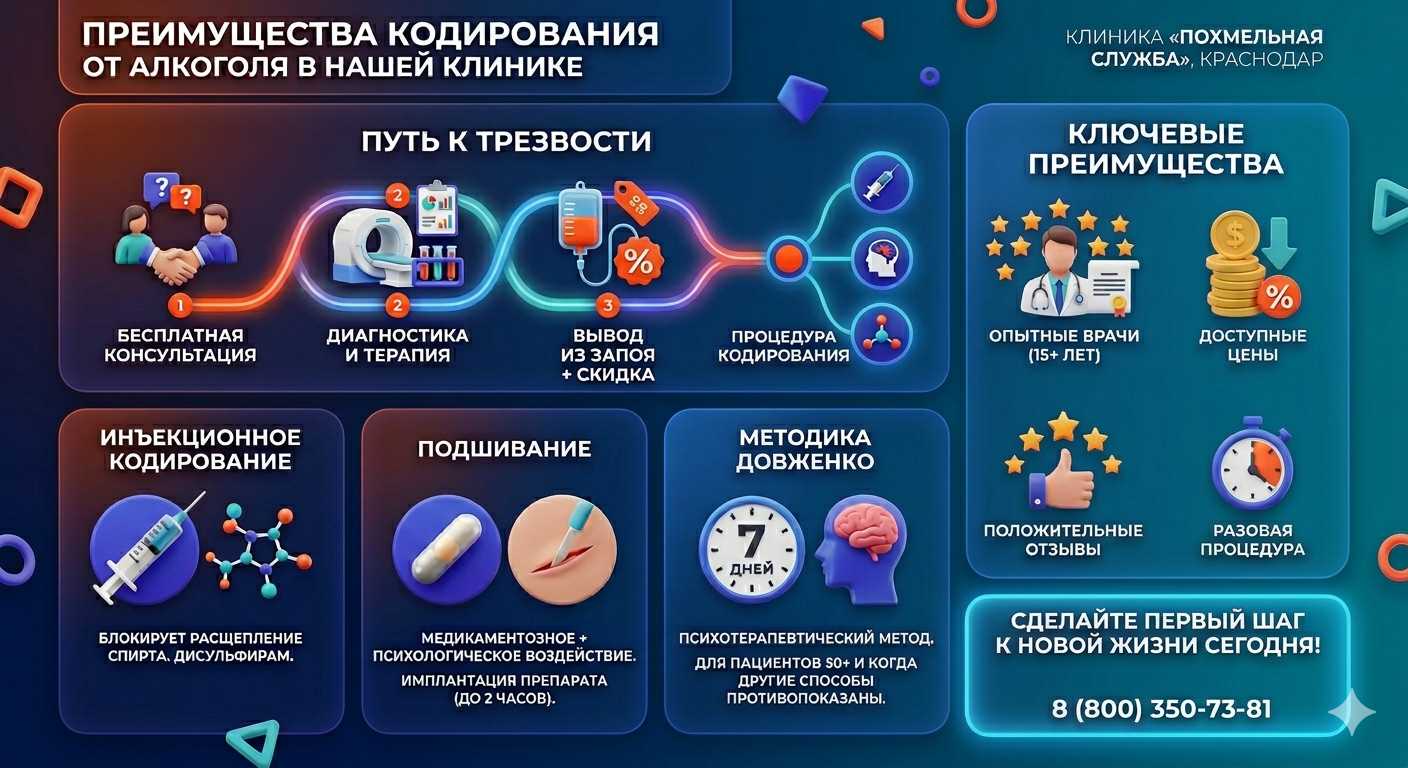 Инфографика о методах кодирования от алкоголя в Новоалтайске: инъекции, подшивание, метод Довженко. Преимущества клиники и этапы лечения.